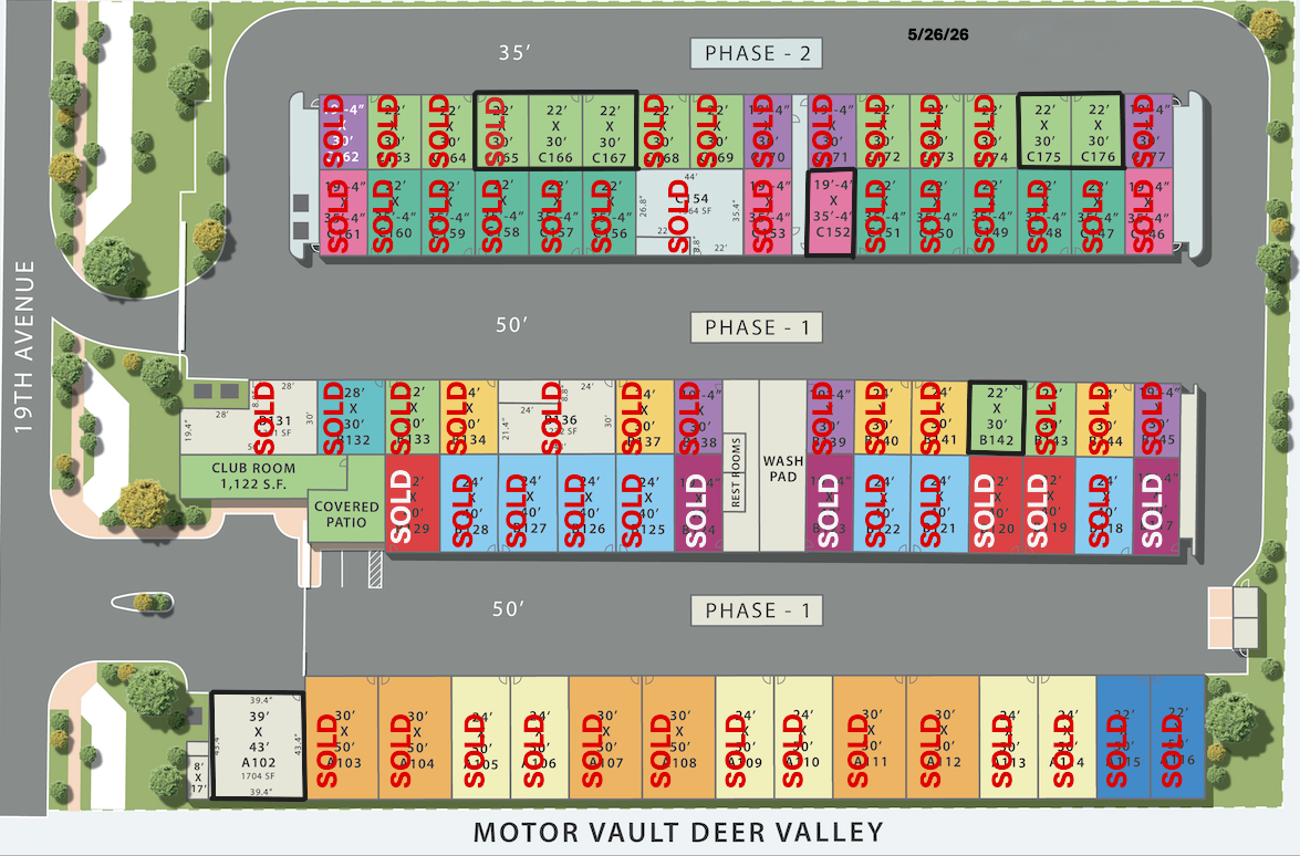 Bird's-eye site map of a car dealership lot showing Phase-1 and Phase-2 areas with rows of colored units, many marked SOLD.