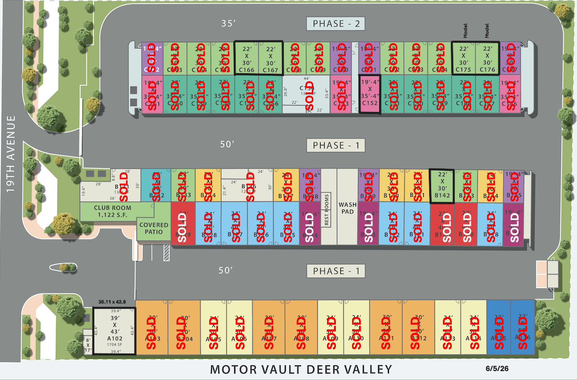 Color-coded site plan of Motor Vault Deer Valley storage facility with Phase 1 and Phase 2 blocks, many SOLD units, labeled unit sizes and common areas like wash pad and club room (6/5/26).