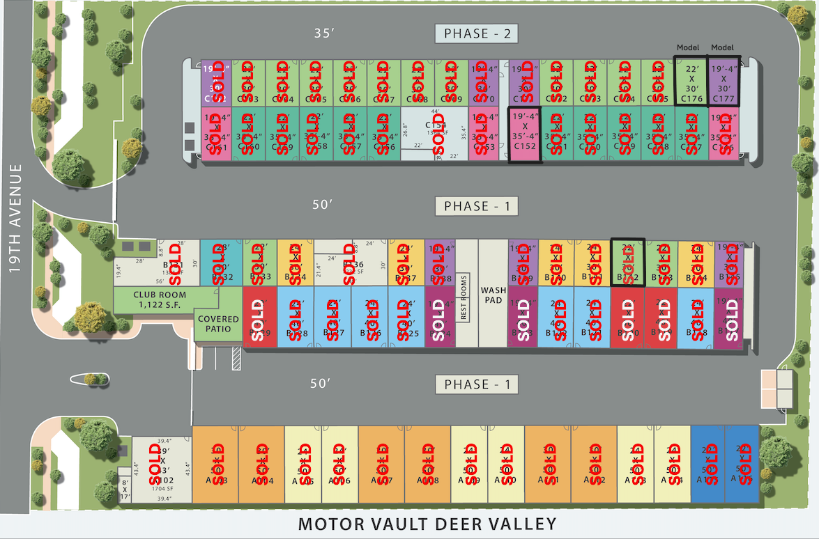 Aerial site plan for Motor Vault Deer Valley; Phase 2 top, Phase 1 middle and bottom, many storage units marked SOLD with colored blocks and surrounding roads and landscaping.