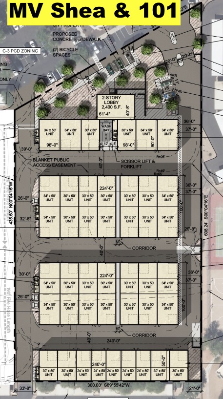 Preliminary site plan for Motor-Vault Shea & 101 in Scottsdale, showing garage suite buildings, corridors, the lobby and the wash bay