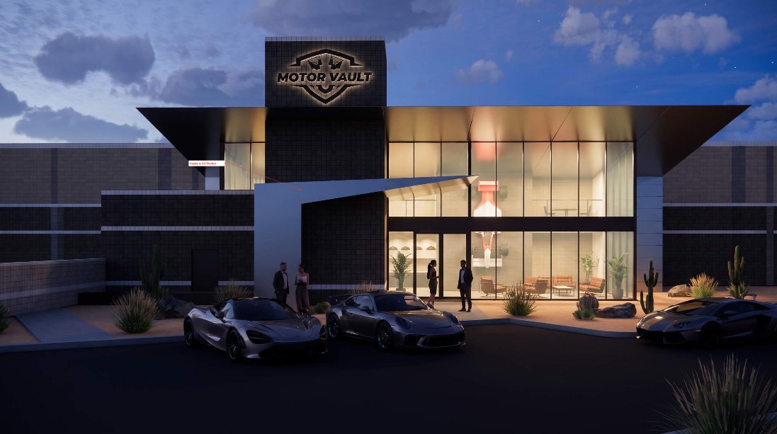 Motor-Vault Shea and 101 clubhouse at blue hour, conceptual rendering