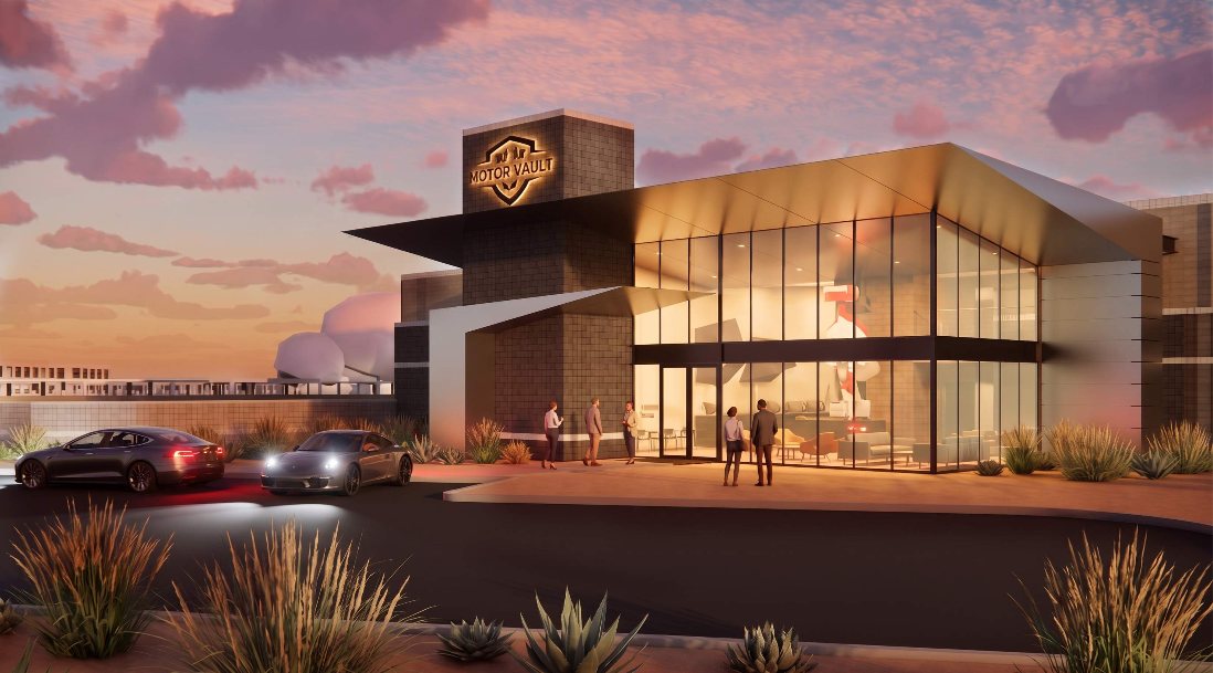 Members-only clubhouse at Motor-Vault Shea and 101, a Scottsdale car condo community, conceptual rendering