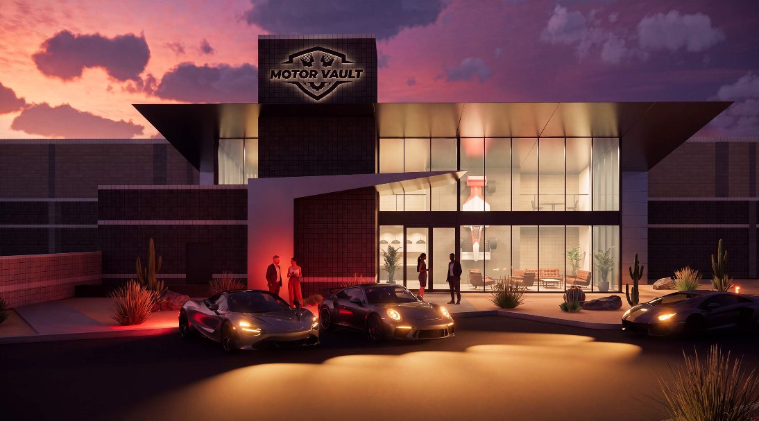 Motor-Vault Shea and 101 clubhouse entrance at night, conceptual rendering