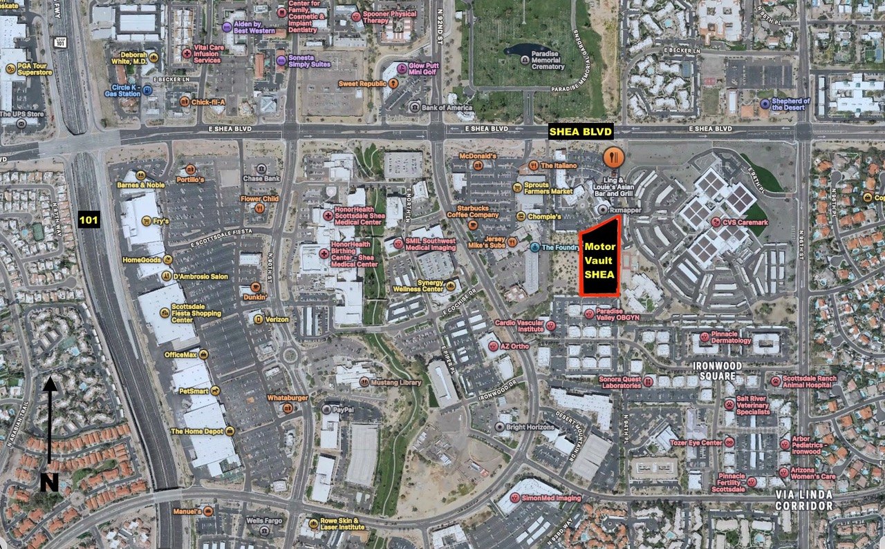 Location of Motor-Vault Shea and 101 near Shea Boulevard and Loop 101 in Scottsdale