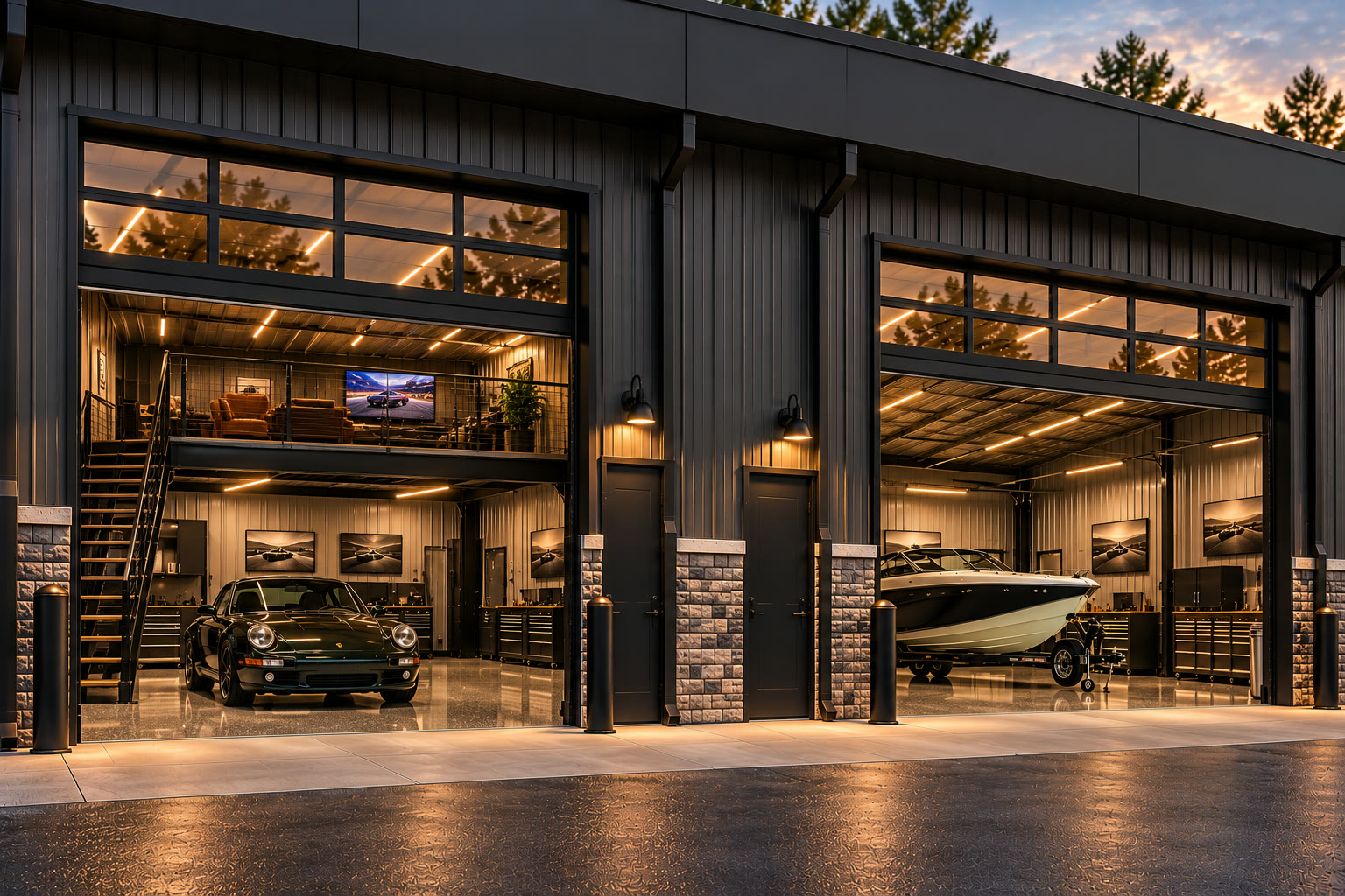 Conceptual rendering of Lake Keowee suites with boats and cars inside