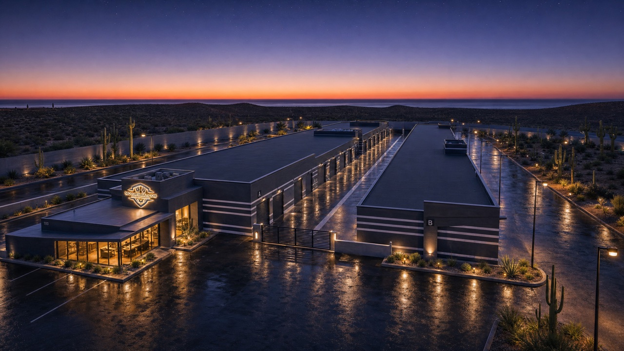 Aerial view of Motor Vault Lake Pleasant Parkway at night, conceptual rendering