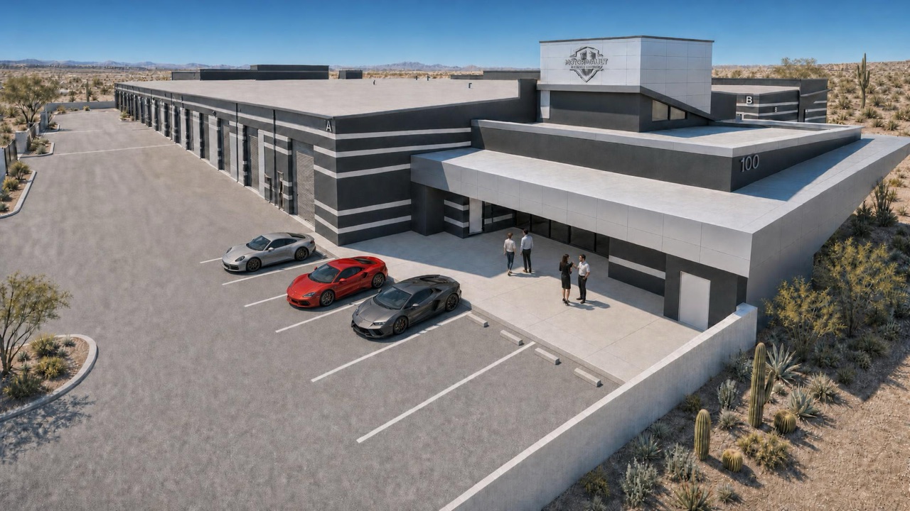 Motor Vault Lake Pleasant Parkway clubhouse in daylight, conceptual rendering