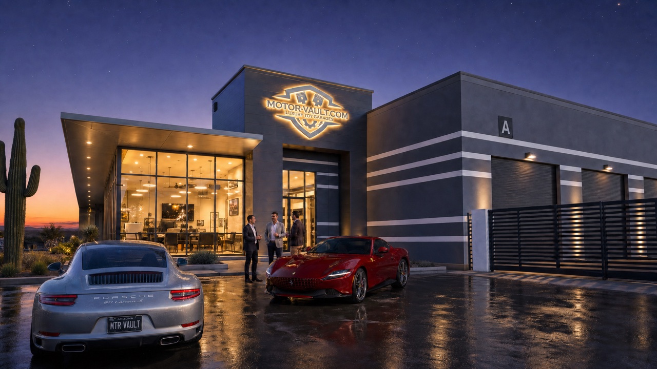 Motor Vault Lake Pleasant Parkway clubhouse and garage suites at dusk, conceptual rendering