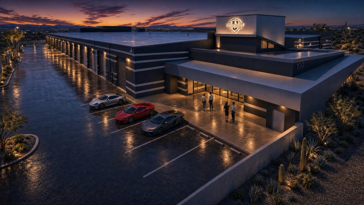 Motor Vault Lake Pleasant Parkway clubhouse at twilight, conceptual rendering
