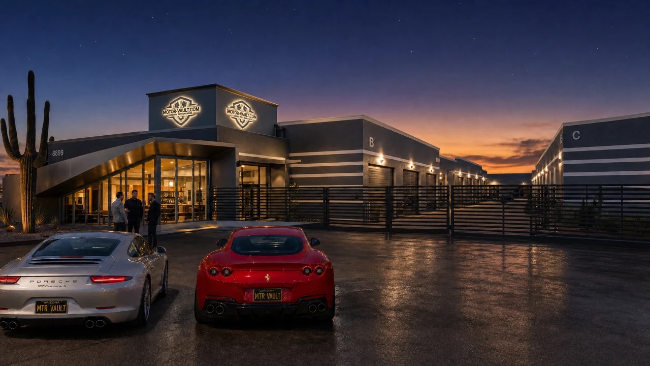 Motor Vault Lake Pleasant Parkway clubhouse, gated drive and garage buildings at dusk, conceptual rendering