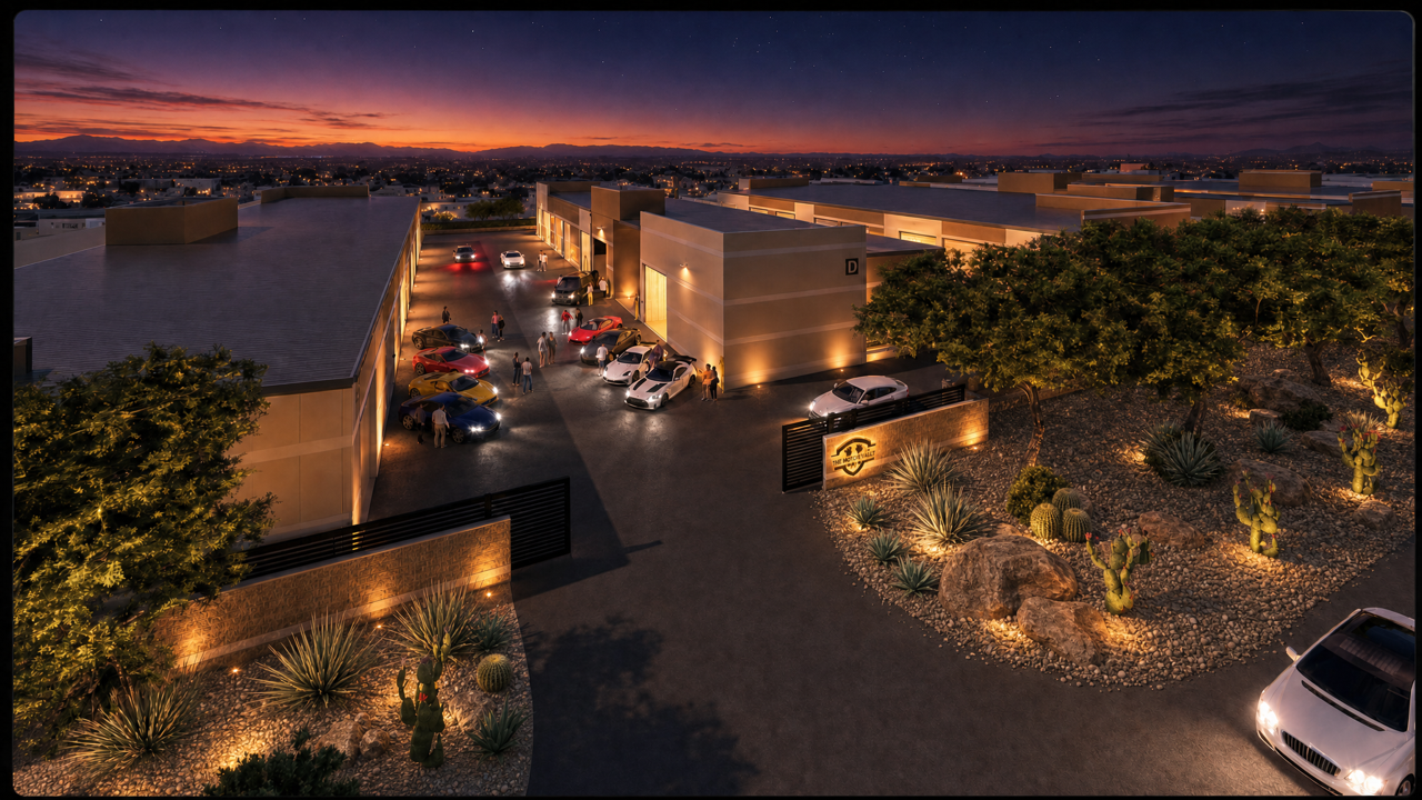Rendering of the Motor-Vault Queen Creek garage suite community and drive aisles