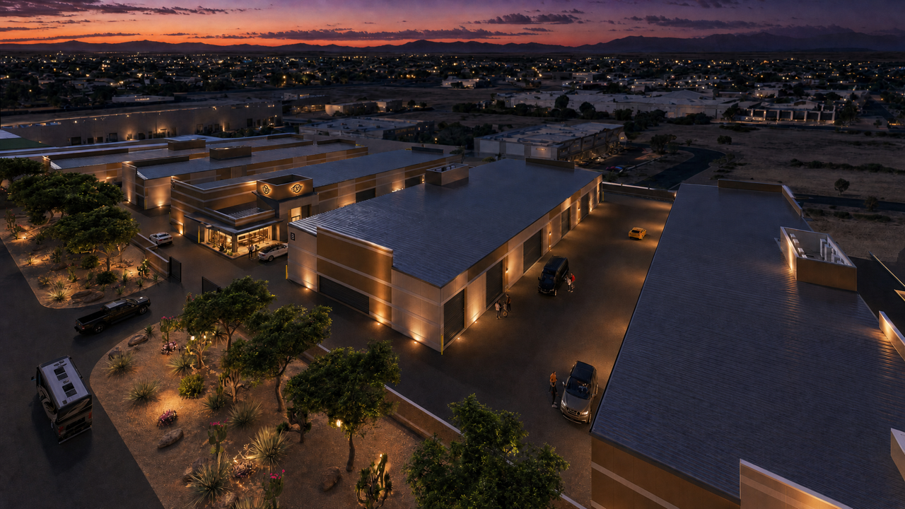 Rendering of a Motor-Vault Queen Creek garage suite with the door open