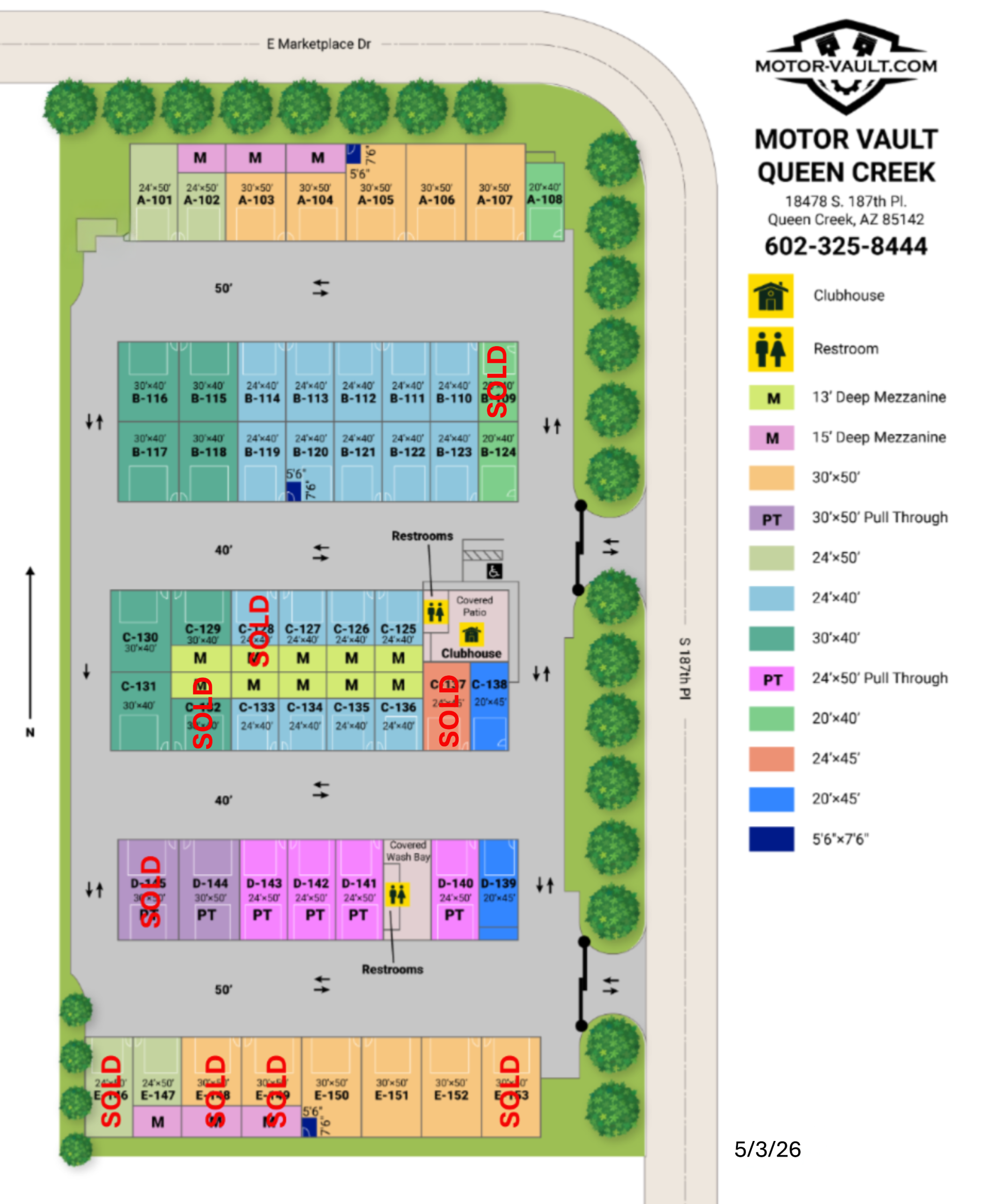 Site map of Motor Vault Queen Creek showing storage units with many marked SOLD; legend and street layout on the right.