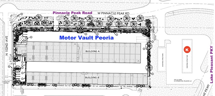 Site plan of Motor Vault Peoria showing Buildings A and B inside a fenced lot with surrounding landscaping and road access from Pinnacle Peak Rd and Lake Pleasant Pkwy.