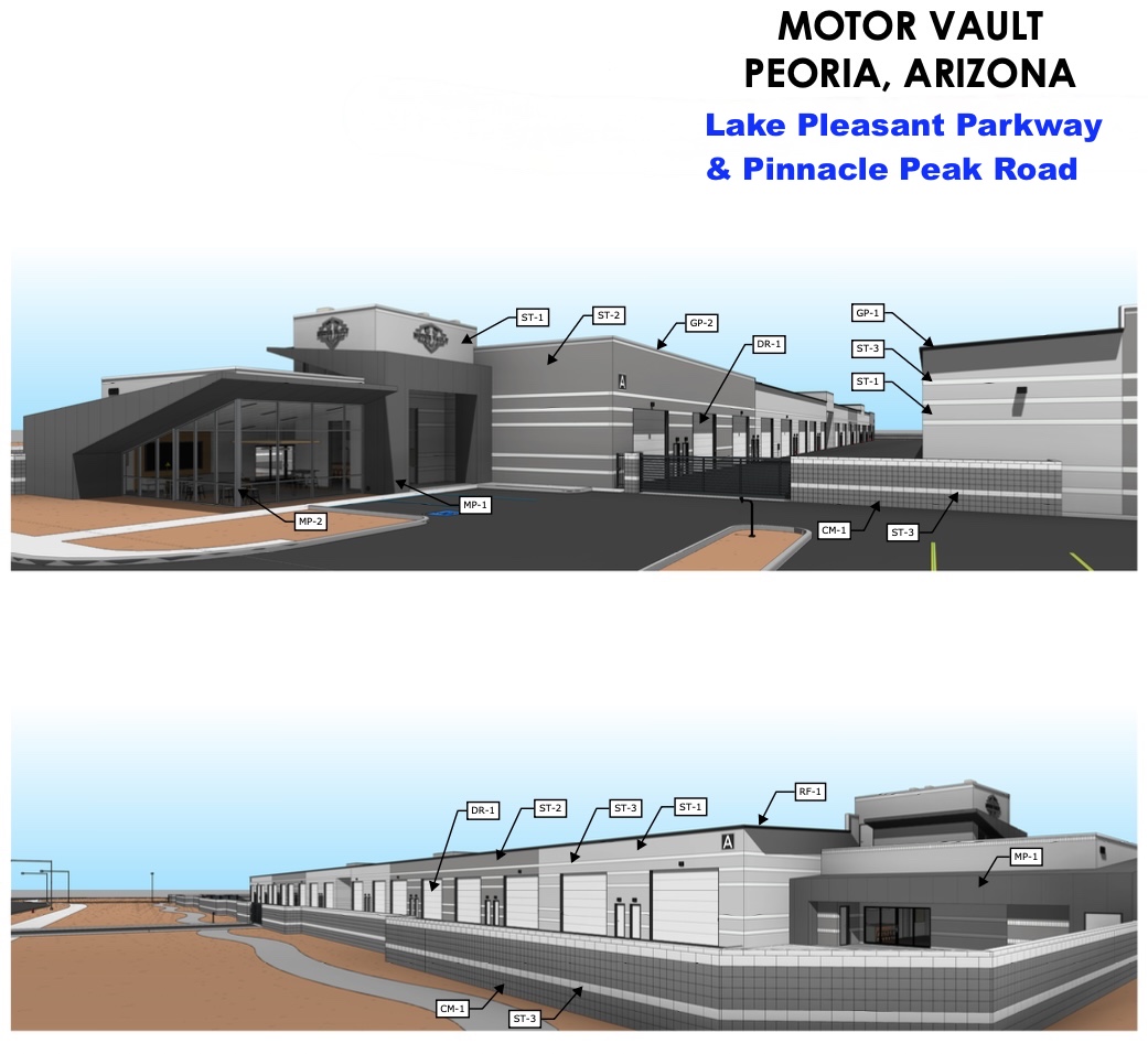 Architectural render of Motor Vault in Peoria, Arizona, showing two building elevations with labeled components, entrances, and surrounding parking areas.